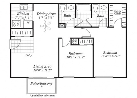 Two bedroom two bathroom floor plan at Brentwood